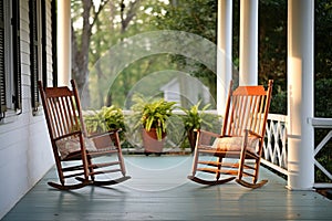 pair of empty rocking chairs on a porch