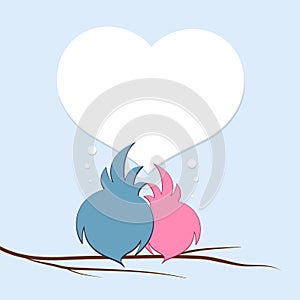 A pair of enamored birds on a tree branch against the background of the heart Creative Valentine`s Day poster template