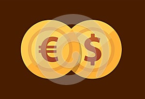 Pair Euro - Dollar - vector icon with golden coins in flat style.