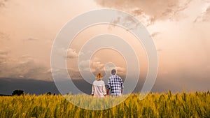 A pair of farmers stand in a field of wheat amid a dramatic stormy sky