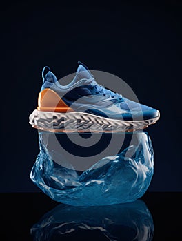 A pair of fashionable sneakers sitting on a blue block of ice in a modern style. AI generated