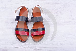 Pair of fashionable women`s sandals on white wooden background