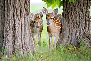 a pair of fawn siblings grazing together under a tree