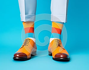 A pair of feet in funny colorful socks. Isolated on blue background