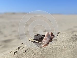 A pair of feet and toes sticking out of beach sand photo