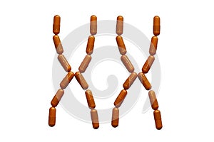 A pair of female chromosomes embedded from the red tablets. Pharmaceuticals in genetics. Heredity passed from parents to children.