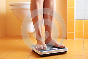 A pair of female feet on a bathroom scale