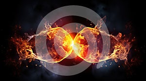 a pair of fireballs are shown in the middle of a dark background with smoke and flames around them, forming a pair of two