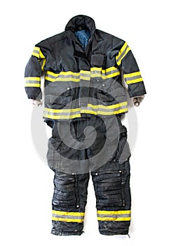 A pair of firefighter pants and suit on white background