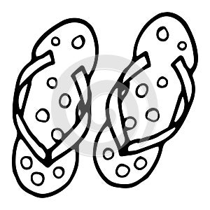 Pair of flip flops, summer time vacation attribute, slippers, shoes, sketch style vector black and white illustration