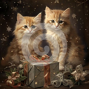 Pair of Fluffy Tabby Ginger Cats and a present