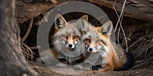 A pair of foxes snuggling together in a den beneath a tree, concept of Cuddling behavior in animals, created with