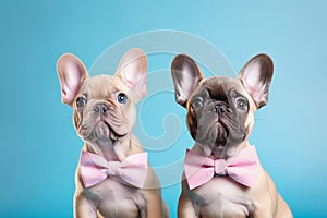 Pair of French Bulldog dog puppies with bowties on pastel blue background