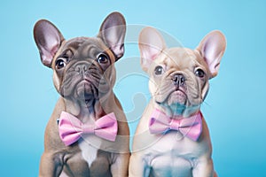 Pair of French Bulldog dog puppies with bowties on pastel blue background