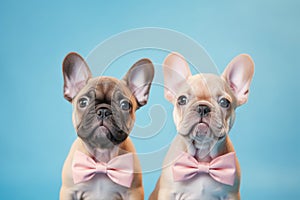 Pair of French Bulldog dog puppies with bowties on pastel blue background