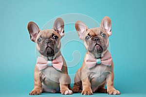 Pair of French Bulldog dog puppies with bowties on pastel blue background
