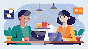 A pair of friends working from a coffee shop using their flexible schedules to avoid unnecessary expenses while paying photo