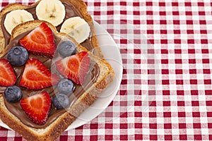 Pair of Fruit and Chocolate Hazelnet Spread Toast on a Red and White Plaid Tablecloth