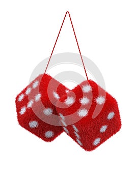 Pair of fuzzy dices for cars on white background 3d rendering