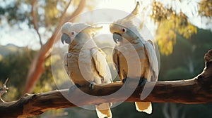 A pair of gang-gang cockatoos perched on the branch of a gum tree,