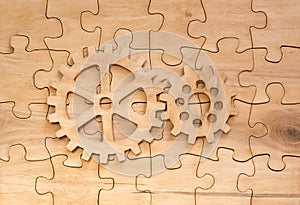 Pair of gears on the assembled group of puzzles