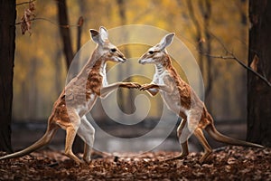 a pair of gender-different kangaroos boxing playfully