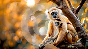 Pair of Gibbons Sitting Together on Branch in Golden Forest. Wildlife in Natural Habitat, Warm Colors. Peaceful Scene photo