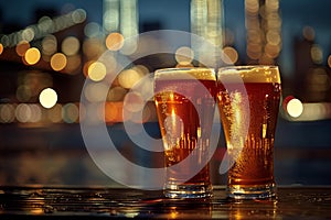 A pair of glasses of beer sitting on a table, high quality, high resolution