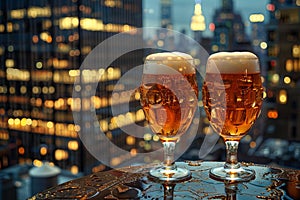 A pair of glasses of beer sitting on a table, high quality, high resolution