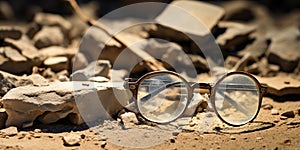 Pair of glasses lost in an archaeological dig , concept of Artifact photo