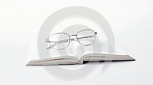 A pair of glasses on an open book with text. The glasses are round and silver, and the book is white and shot from above