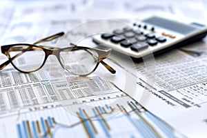 A pair of glasses sits on top of a newspaper next to a calculator, creating a simple yet practical scene, Calculator and glasses