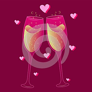 Pair of glasses with wine or champagne with hearts valentine\'s day