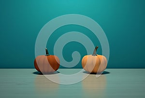 A Pair of Glowing Orange Pumpkins in Front of a Serene Turquoise Backdrop AI generated