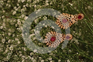 Close up of  pair of diamond gold earrings