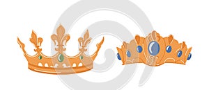 Pair of gold royal crown, king authority insignia headdress and queen tiara monarchy symbol photo