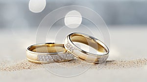 A pair of gold wedding rings with diamonds. Bokeh background.