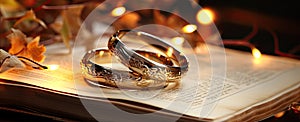 A pair of gold wedding rings on a prayer book