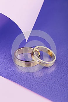 Pair of gold wedding rings on purple and pink background
