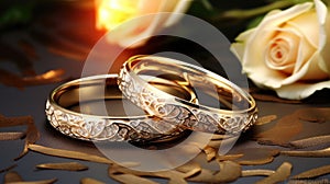 pair of golden and diamond wedding rings with white rose flowers