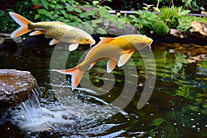 pair of golden koi fish leaping in a garden pond
