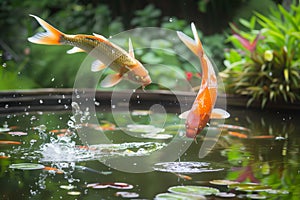 pair of golden koi fish leaping in a garden pond