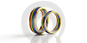 Pair of golden rainbow colors wedding rings isolated on white background, closeup view, 3d illustration