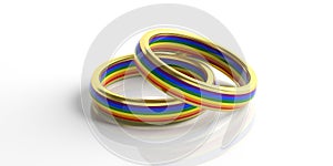 Pair of golden rainbow colors wedding rings isolated on white background, closeup view, 3d illustration