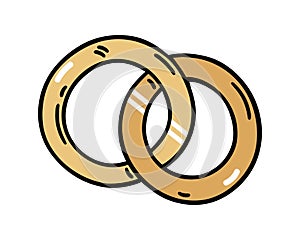 Pair of golden wedding rings, vector icon. Symbol of bride and groom, love, marriage, engagement. Shiny jewelry for