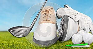 Pair of golfing shoes and a golf club on green