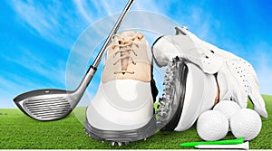 Pair of golfing shoes and a golf club on green