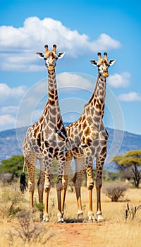 Pair of graceful giraffes standing proudly in the serene wilderness of the savannah