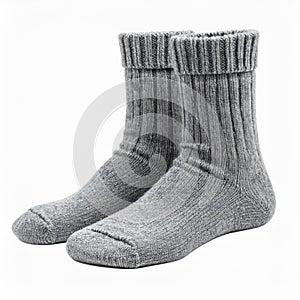 Pair of Gray Wool Socks Isolated on White Background for Warmth