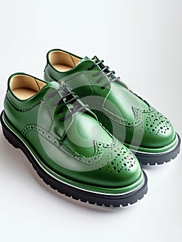 Pair of green leather brogue shoes.